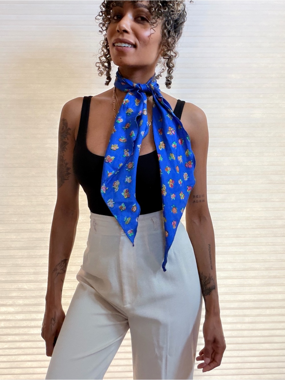 Vintage Blue Butterfly & Floral Ascot Scarf